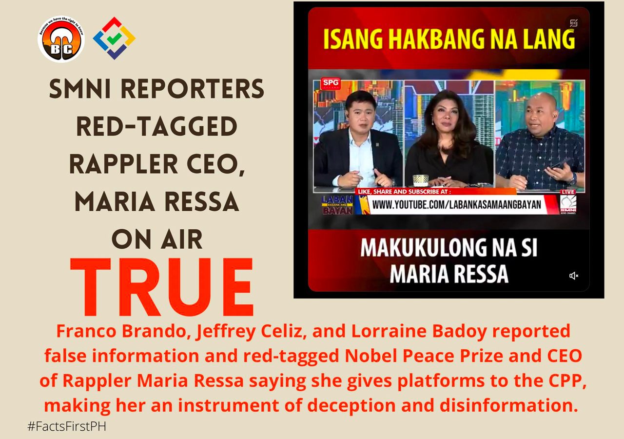 Claim: SMNI reporters red-tagged Rappler CEO, Maria Ressa on air