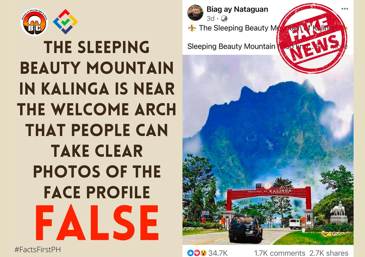 Claim: The Sleeping Beauty mountain in Kalinga is near the welcome arch that people can take clear photos of the face profile